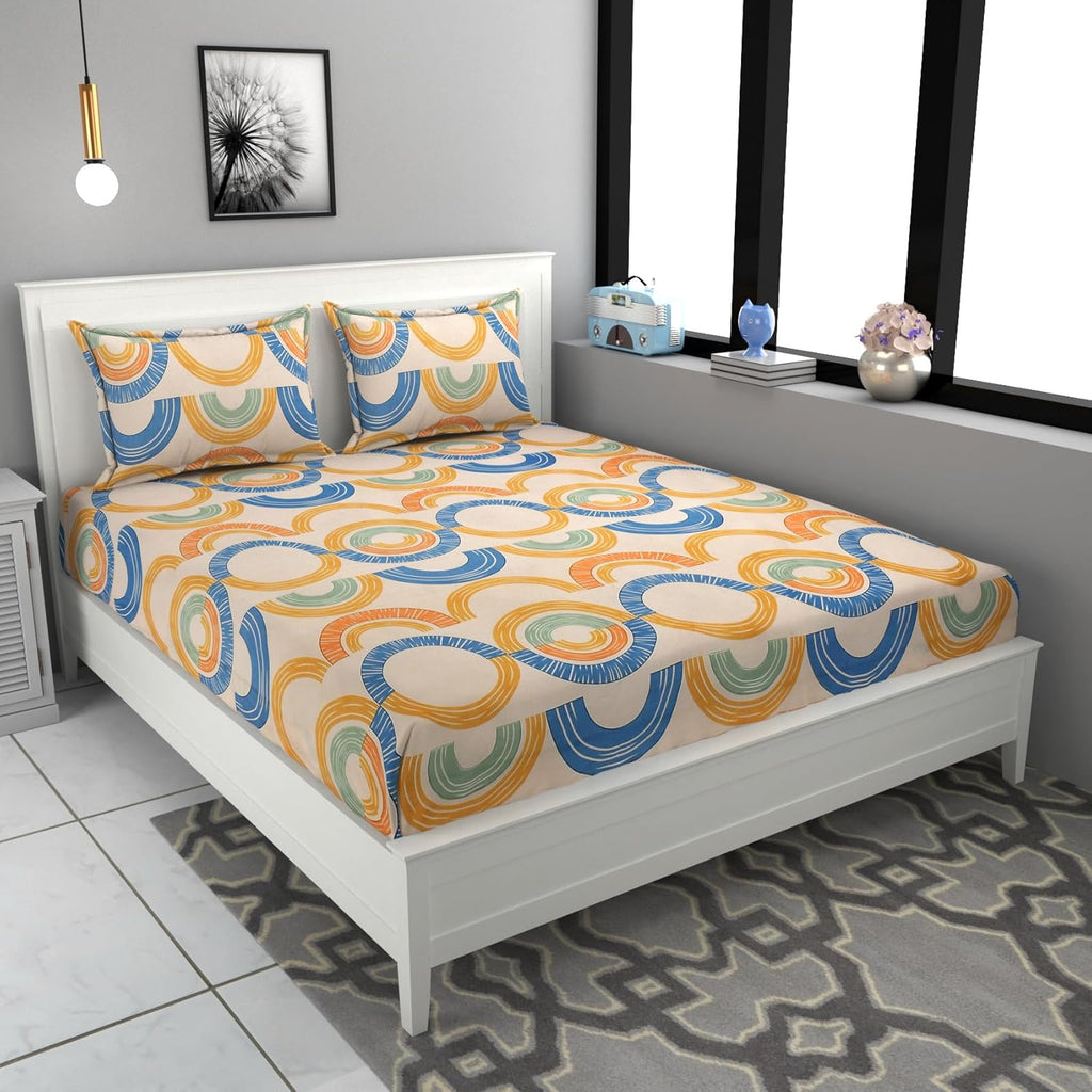 ✨ Premium Elastic Fitted King Bedsheet - Orange & Blue (160 TC) ✨
