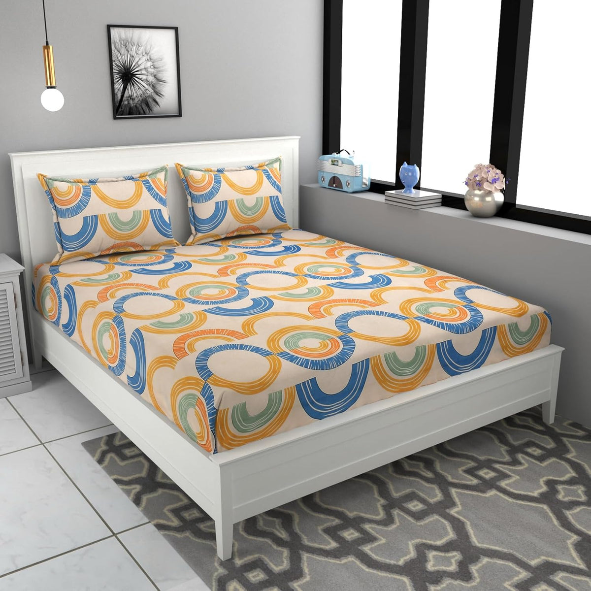 ✨ Premium Elastic Fitted King Bedsheet - Orange & Blue (160 TC) ✨