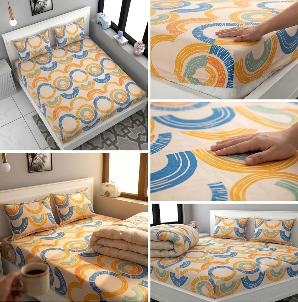 ✨ Premium Elastic Fitted King Bedsheet - Orange & Blue (160 TC) ✨